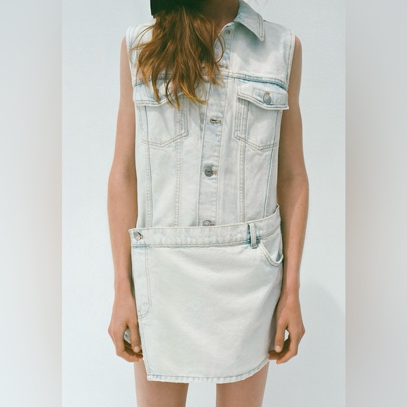 ZARA NEW Women’s Sleeveless Blue Denim Mini Dress Size Small Lapel Collard NWT - Picture 4 of 7